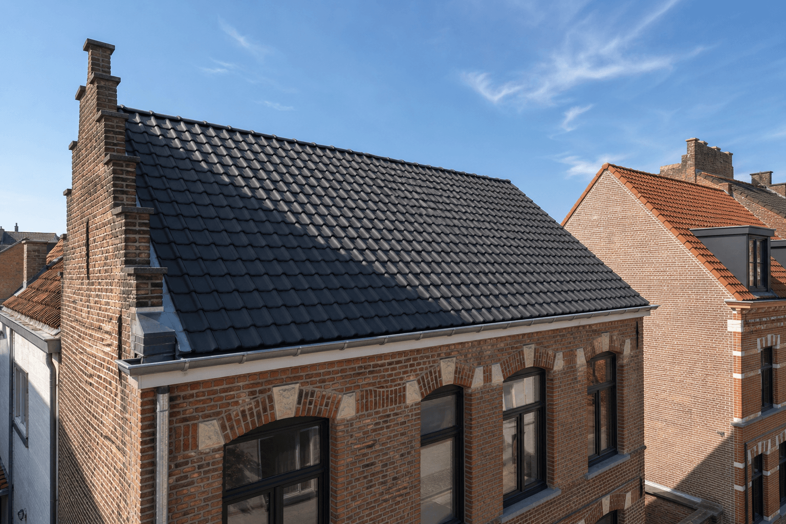 Nieuw hellend dak met donkere pannen en isolatie aan een klassieke Gentse rijwoning
